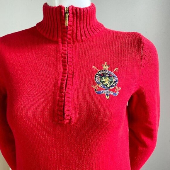 Lauren Ralph Lauren Petite Red Cotton Mock  Neck Crest Detail Pullover S - Picture 2 of 8